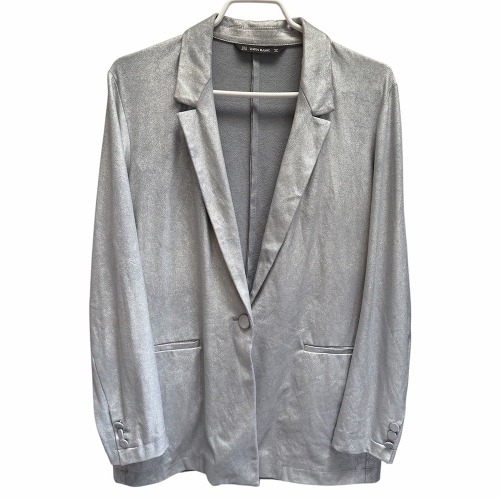 Zara Metallic Silver Faux Suede Shimmery Single Breast Blazer M Business Casual